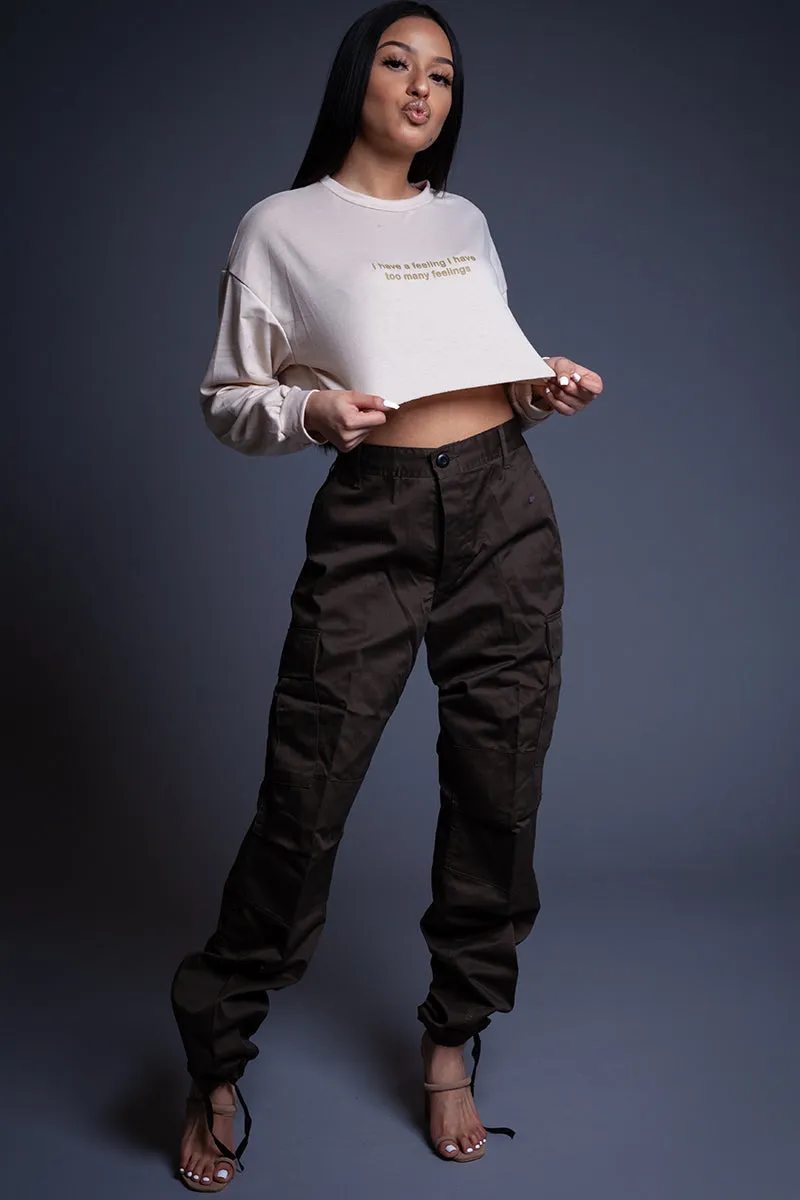 SAND N GOLD LONG SLEEVE TOO MANY FEELINGS CROP TEE