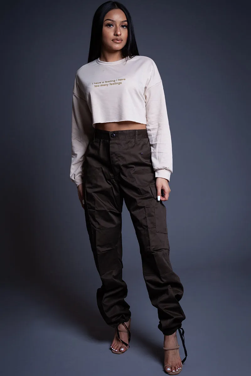 SAND N GOLD LONG SLEEVE TOO MANY FEELINGS CROP TEE