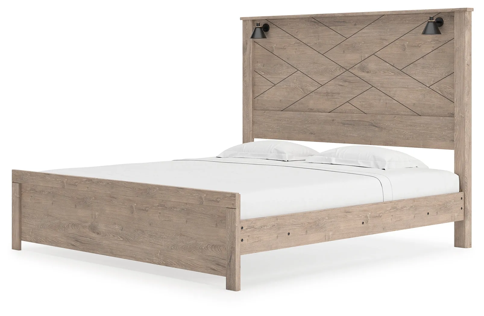 Senniberg King Panel Bed with Mirrored Dresser and Nightstand in Light Brown/White