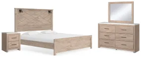 Senniberg King Panel Bed with Mirrored Dresser and Nightstand in Light Brown/White