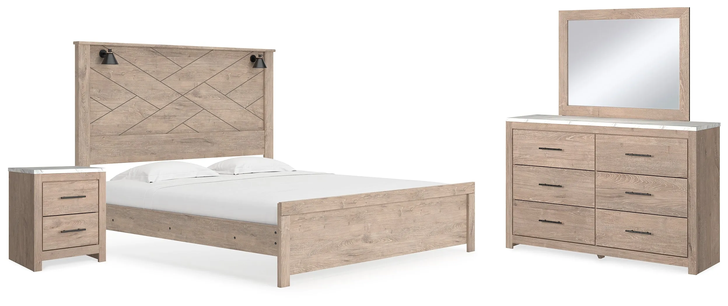 Senniberg King Panel Bed with Mirrored Dresser and Nightstand in Light Brown/White