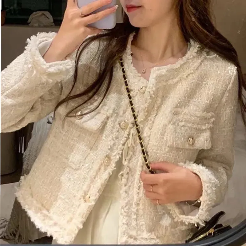 SMTHMA New Fashion Korean Chic Vintage Tweed Woolen Jacket Coat Women Autumn Single Breasted Plaid Tassel Office Lady Outwear
