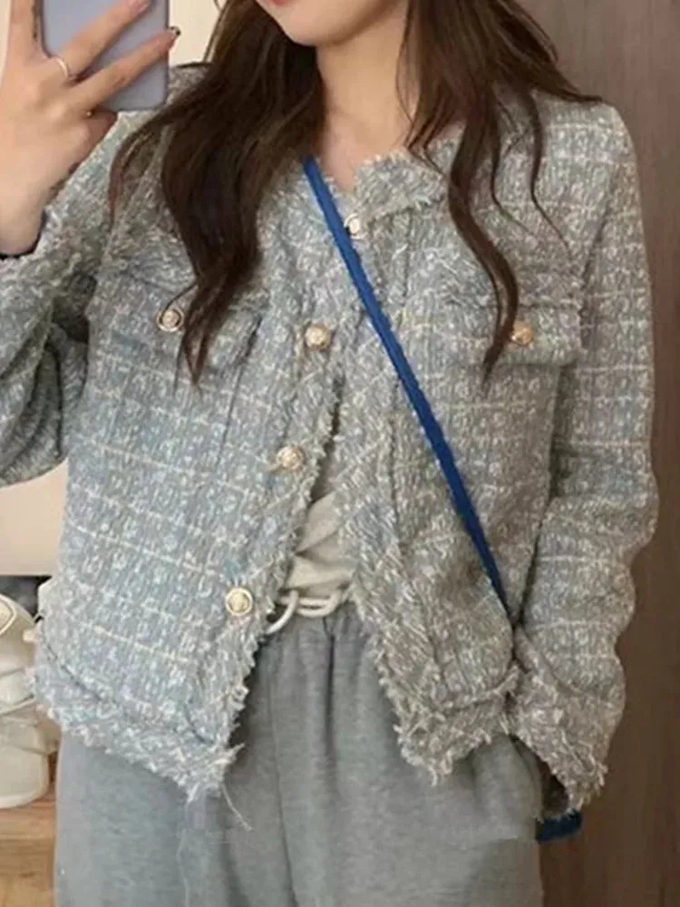 SMTHMA New Fashion Korean Chic Vintage Tweed Woolen Jacket Coat Women Autumn Single Breasted Plaid Tassel Office Lady Outwear