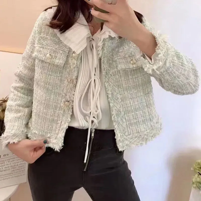 SMTHMA New Fashion Korean Chic Vintage Tweed Woolen Jacket Coat Women Autumn Single Breasted Plaid Tassel Office Lady Outwear