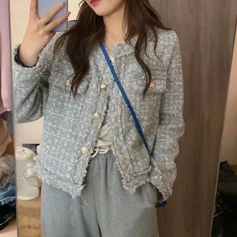 SMTHMA New Fashion Korean Chic Vintage Tweed Woolen Jacket Coat Women Autumn Single Breasted Plaid Tassel Office Lady Outwear