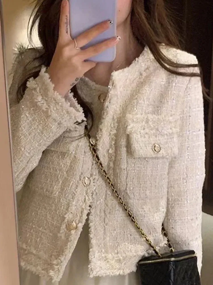 SMTHMA New Fashion Korean Chic Vintage Tweed Woolen Jacket Coat Women Autumn Single Breasted Plaid Tassel Office Lady Outwear
