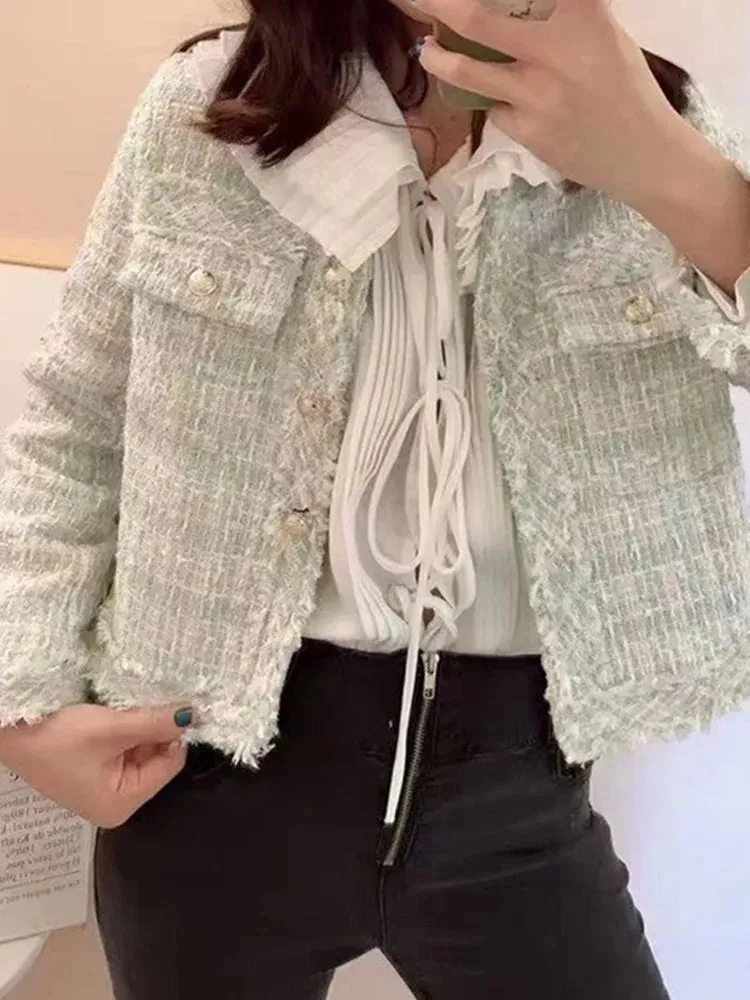 SMTHMA New Fashion Korean Chic Vintage Tweed Woolen Jacket Coat Women Autumn Single Breasted Plaid Tassel Office Lady Outwear
