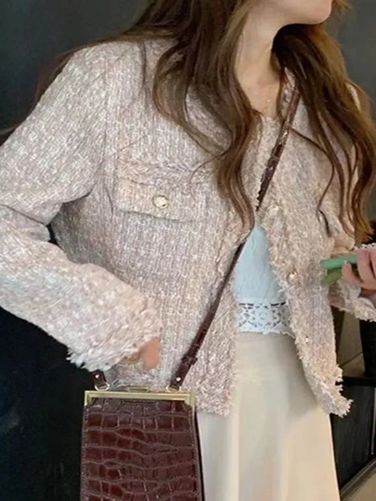 SMTHMA New Fashion Korean Chic Vintage Tweed Woolen Jacket Coat Women Autumn Single Breasted Plaid Tassel Office Lady Outwear