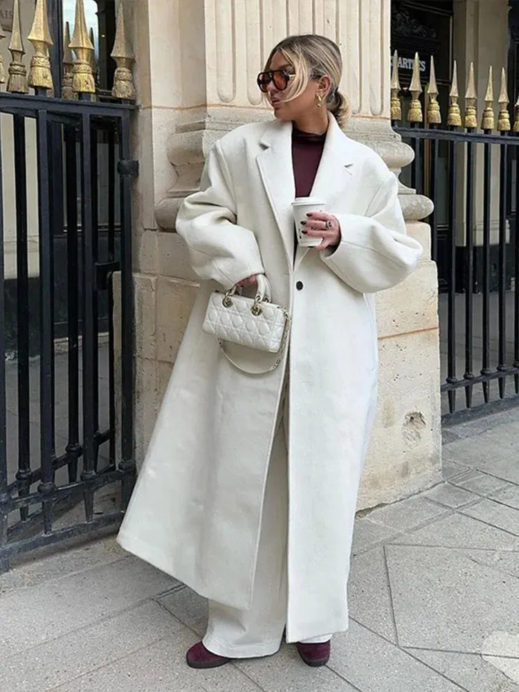 TAVIMART  -  Casual Gray Striped Women Long Coats Elegant Woolen Lapel Long Sleeve  Back Split Loose Jackets Autumn Chic Street Outwears