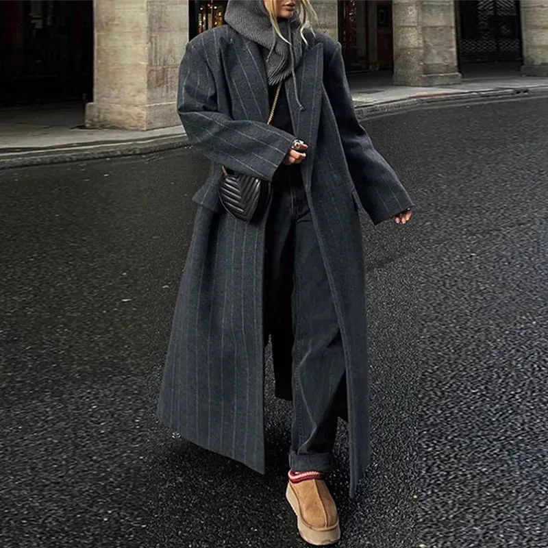 TAVIMART  -  Casual Gray Striped Women Long Coats Elegant Woolen Lapel Long Sleeve  Back Split Loose Jackets Autumn Chic Street Outwears