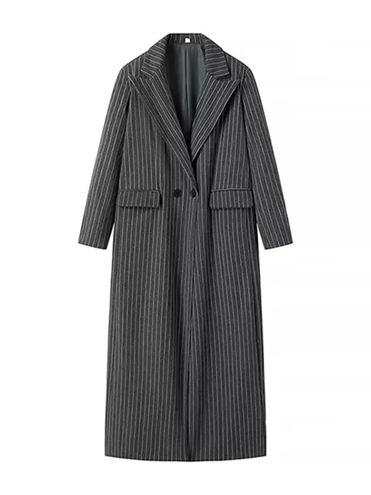 TAVIMART  -  Casual Gray Striped Women Long Coats Elegant Woolen Lapel Long Sleeve  Back Split Loose Jackets Autumn Chic Street Outwears