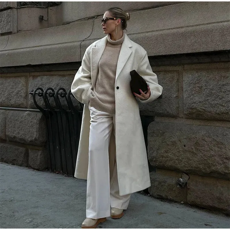TAVIMART  -  Casual Gray Striped Women Long Coats Elegant Woolen Lapel Long Sleeve  Back Split Loose Jackets Autumn Chic Street Outwears