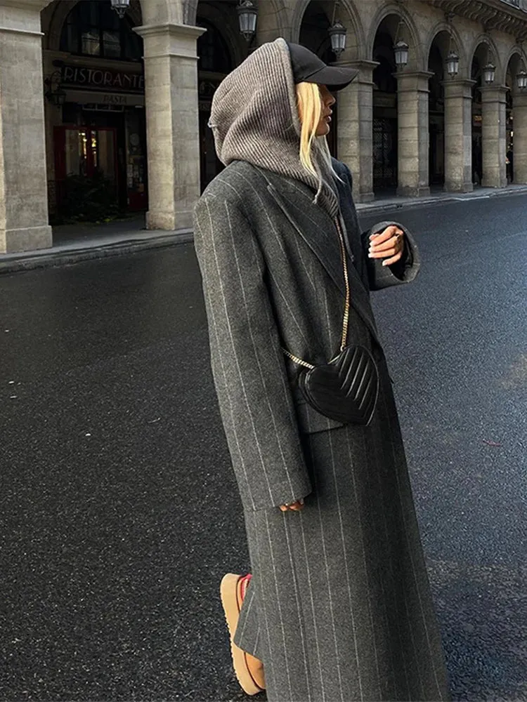 TAVIMART  -  Casual Gray Striped Women Long Coats Elegant Woolen Lapel Long Sleeve  Back Split Loose Jackets Autumn Chic Street Outwears