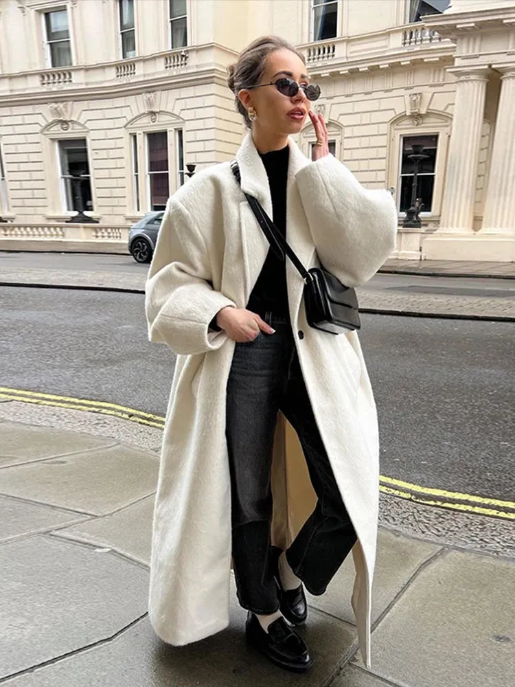 TAVIMART  -  Casual Gray Striped Women Long Coats Elegant Woolen Lapel Long Sleeve  Back Split Loose Jackets Autumn Chic Street Outwears