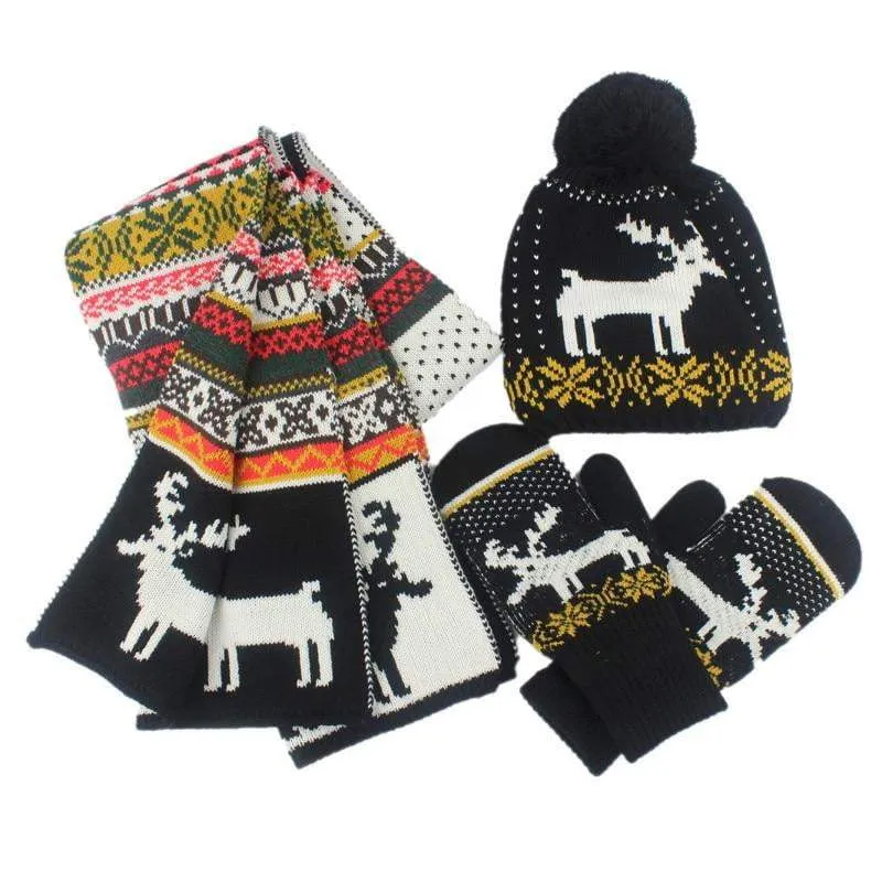 Unisex Winter Elk Jacquard Knitted Beanies Scarf and Glove Set