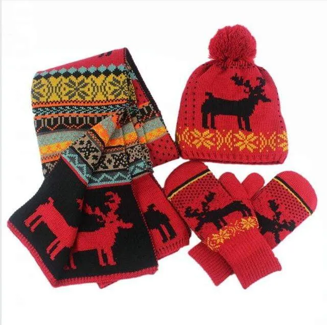 Unisex Winter Elk Jacquard Knitted Beanies Scarf and Glove Set