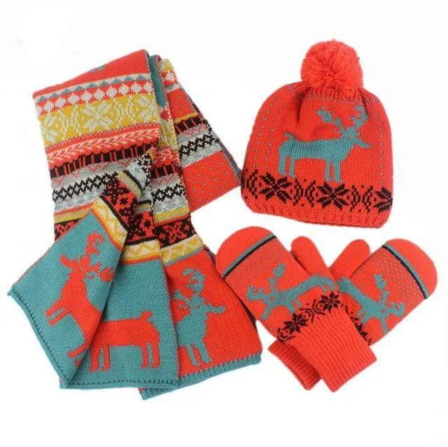 Unisex Winter Elk Jacquard Knitted Beanies Scarf and Glove Set