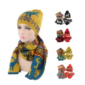 Unisex Winter Elk Jacquard Knitted Beanies Scarf and Glove Set