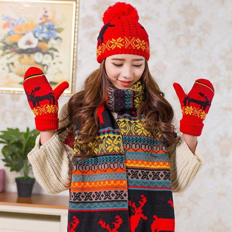 Unisex Winter Elk Jacquard Knitted Beanies Scarf and Glove Set