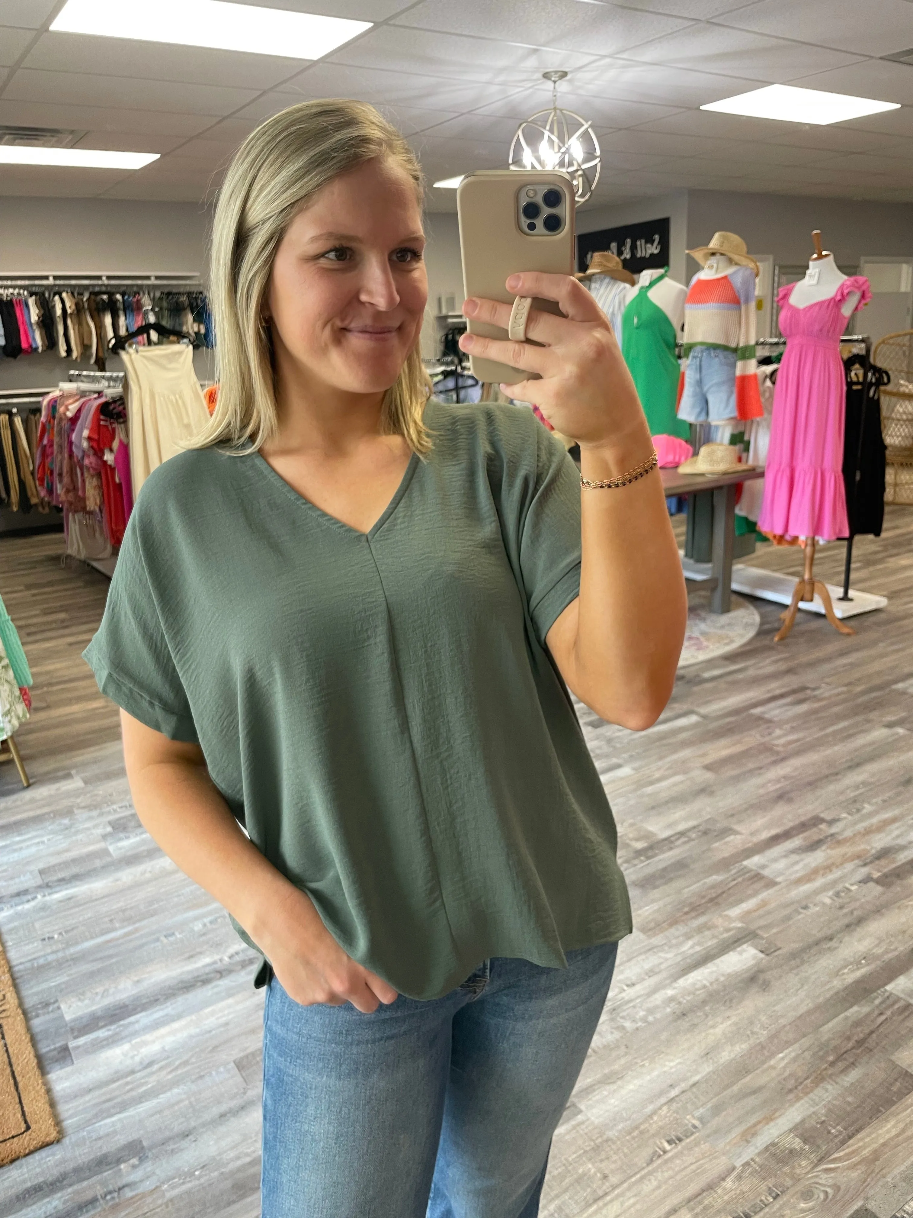 V-Neck Woven Top - Light Hunter