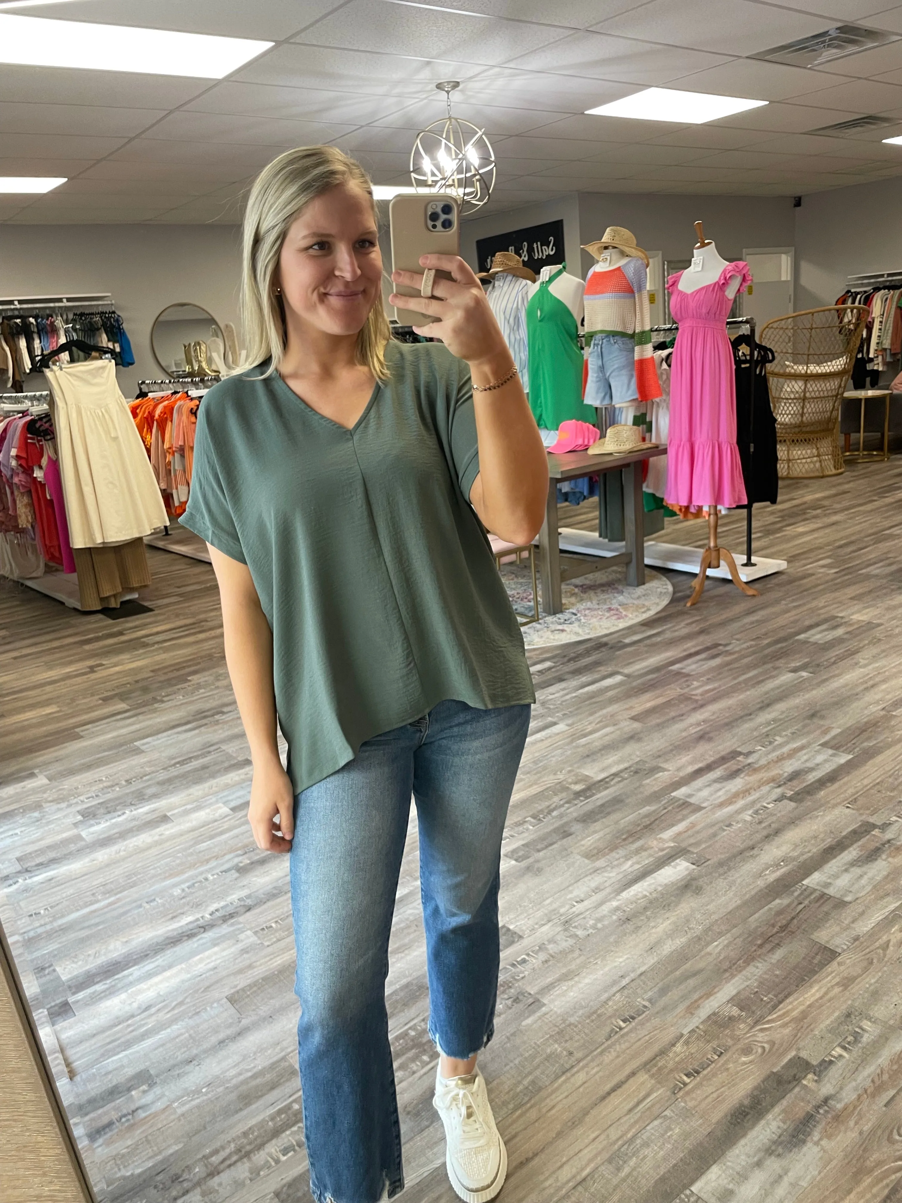 V-Neck Woven Top - Light Hunter