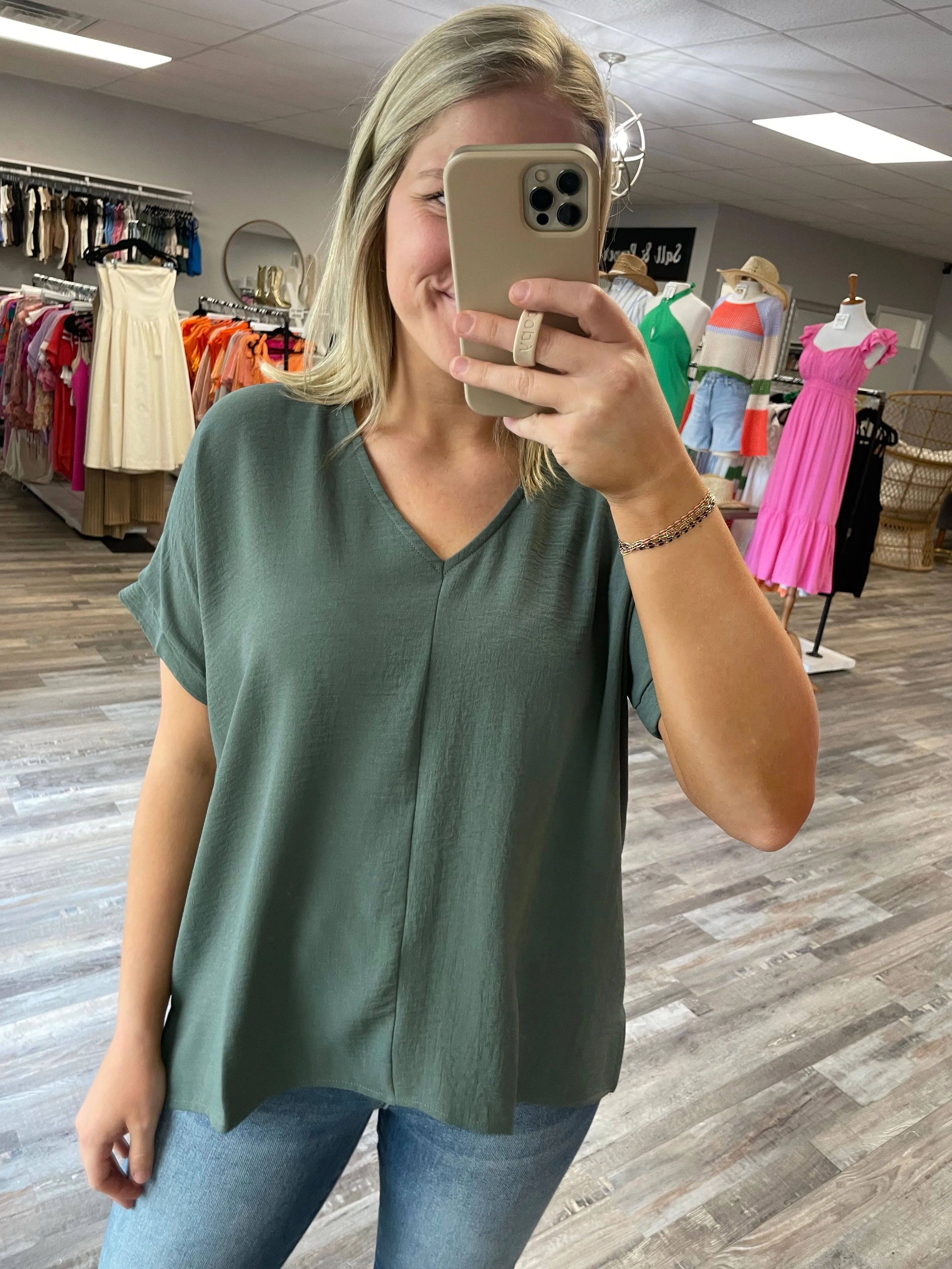 V-Neck Woven Top - Light Hunter
