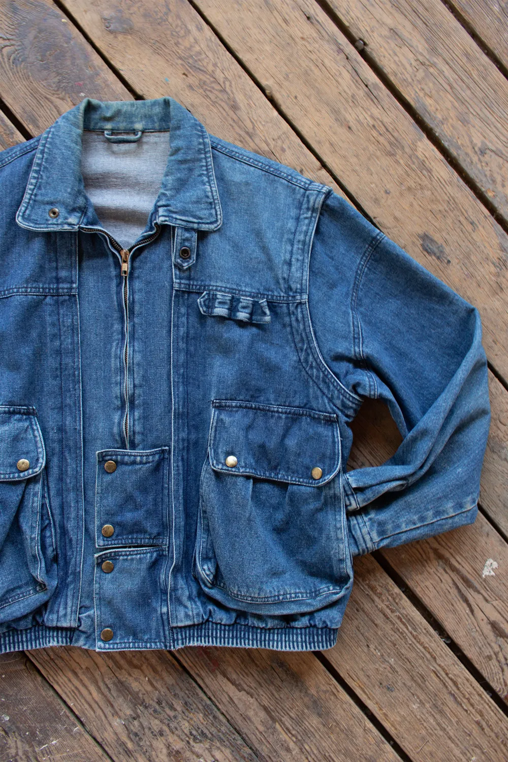 Vintage 1980s Zip Up Denim Jacket with Oversized Pockets - Medium