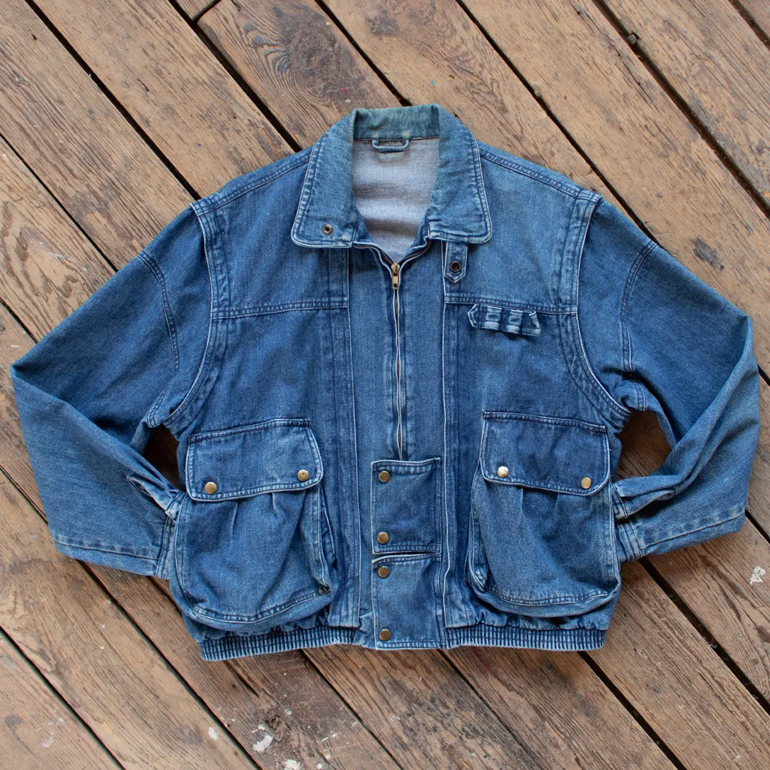 Vintage 1980s Zip Up Denim Jacket with Oversized Pockets - Medium