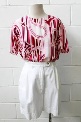 Vintage 1990s Louis Féraud Pink Paisley Stripe Short Sleeve Silk Top, Medium