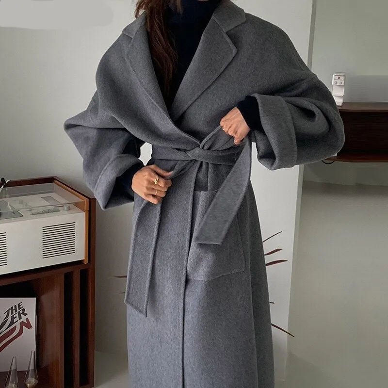 Voguable Elegant Chic Lapel Women Long Blend Coats Vintage  Loose Warm Full Sleeve Lace-up Thicken Ladies Woolen Jackets Winter