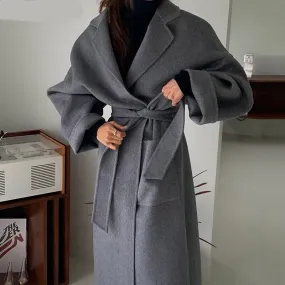 Voguable Elegant Chic Lapel Women Long Blend Coats Vintage  Loose Warm Full Sleeve Lace-up Thicken Ladies Woolen Jackets Winter