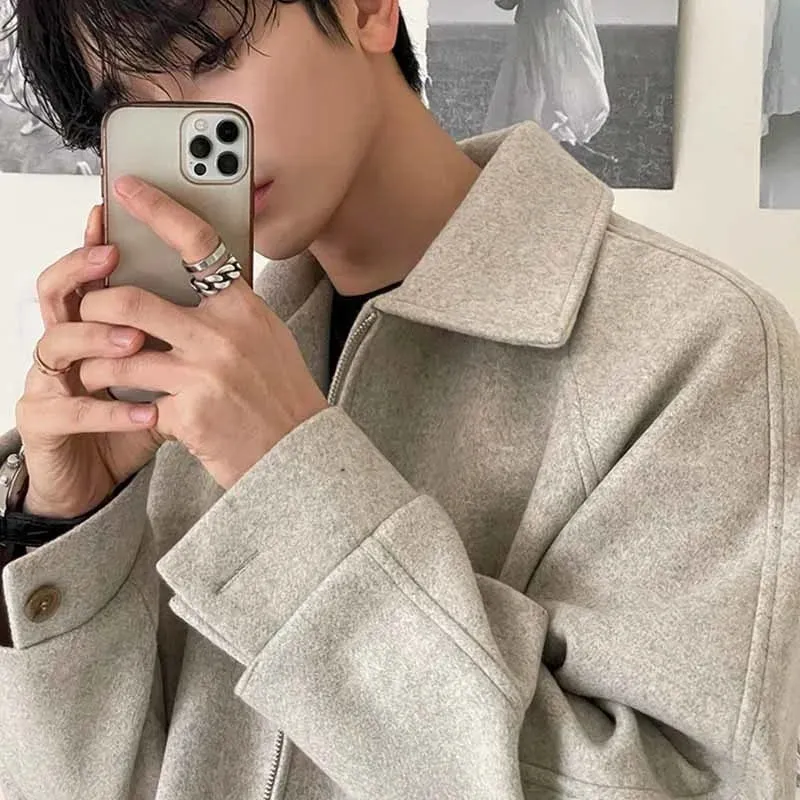 WIAOFELLAS  -  Men's Korean Loose Cut Design Zipped Jacket Woolen Cloth Short Coats Spring Thickening Lapel Jackets Chic Tops 2D1522
