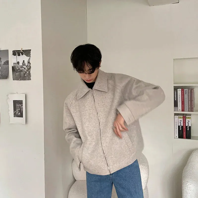 WIAOFELLAS  -  Men's Korean Loose Cut Design Zipped Jacket Woolen Cloth Short Coats Spring Thickening Lapel Jackets Chic Tops 2D1522