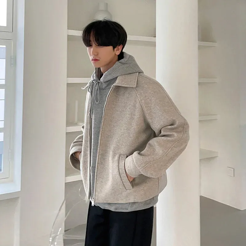 WIAOFELLAS  -  Men's Korean Loose Cut Design Zipped Jacket Woolen Cloth Short Coats Spring Thickening Lapel Jackets Chic Tops 2D1522