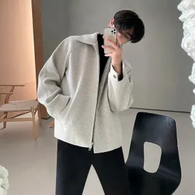 WIAOFELLAS  -  Men's Korean Loose Cut Design Zipped Jacket Woolen Cloth Short Coats Spring Thickening Lapel Jackets Chic Tops 2D1522