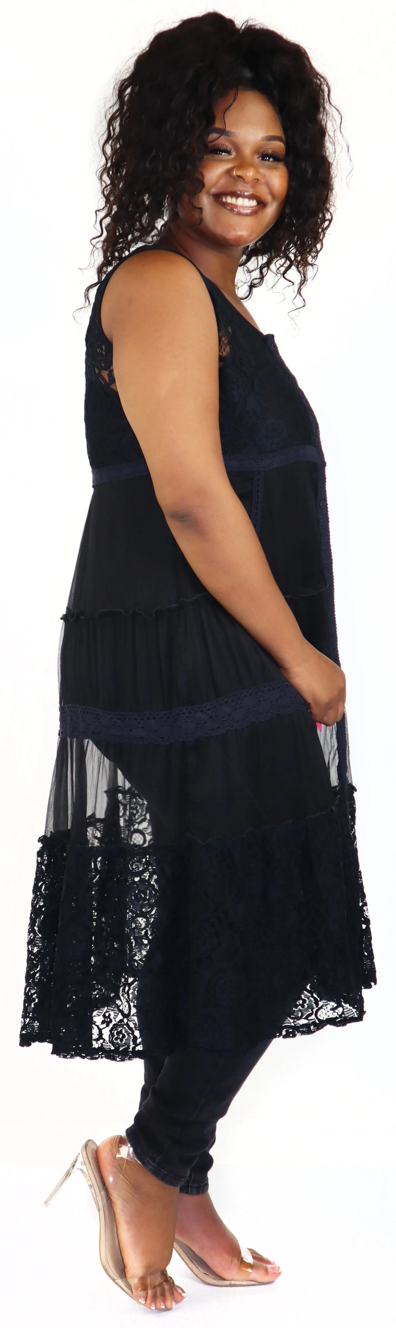 Women Elegant Laced Embroidered Button Down Sleeveless Duster, women lace Cardigan, Plus Size Jacket, Midi Length, One Size Fits All M-XL