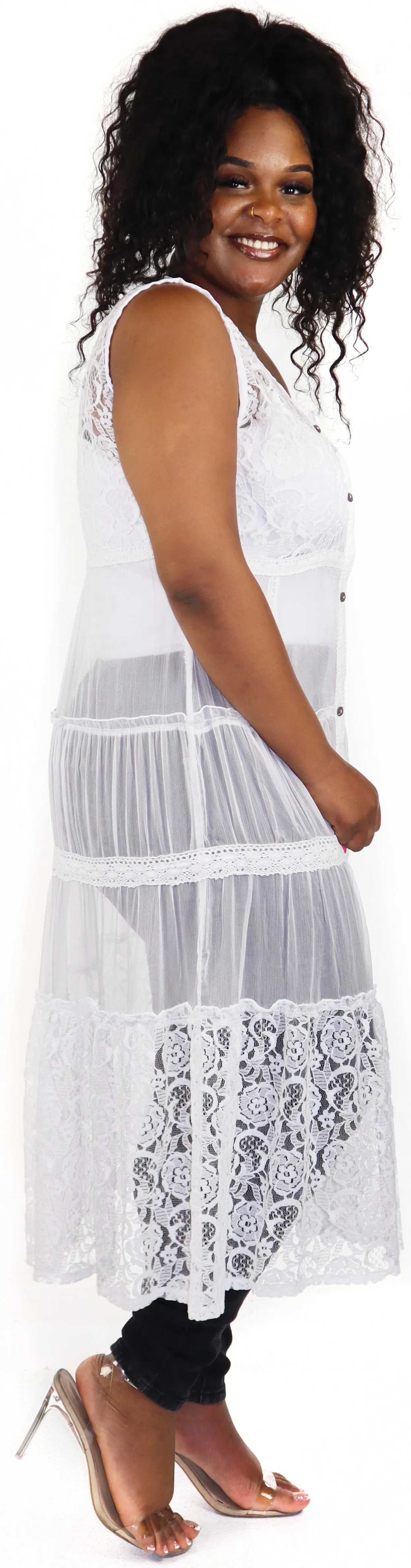 Women Elegant Laced Embroidered Button Down Sleeveless Duster, women lace Cardigan, Plus Size Jacket, Midi Length, One Size Fits All M-XL