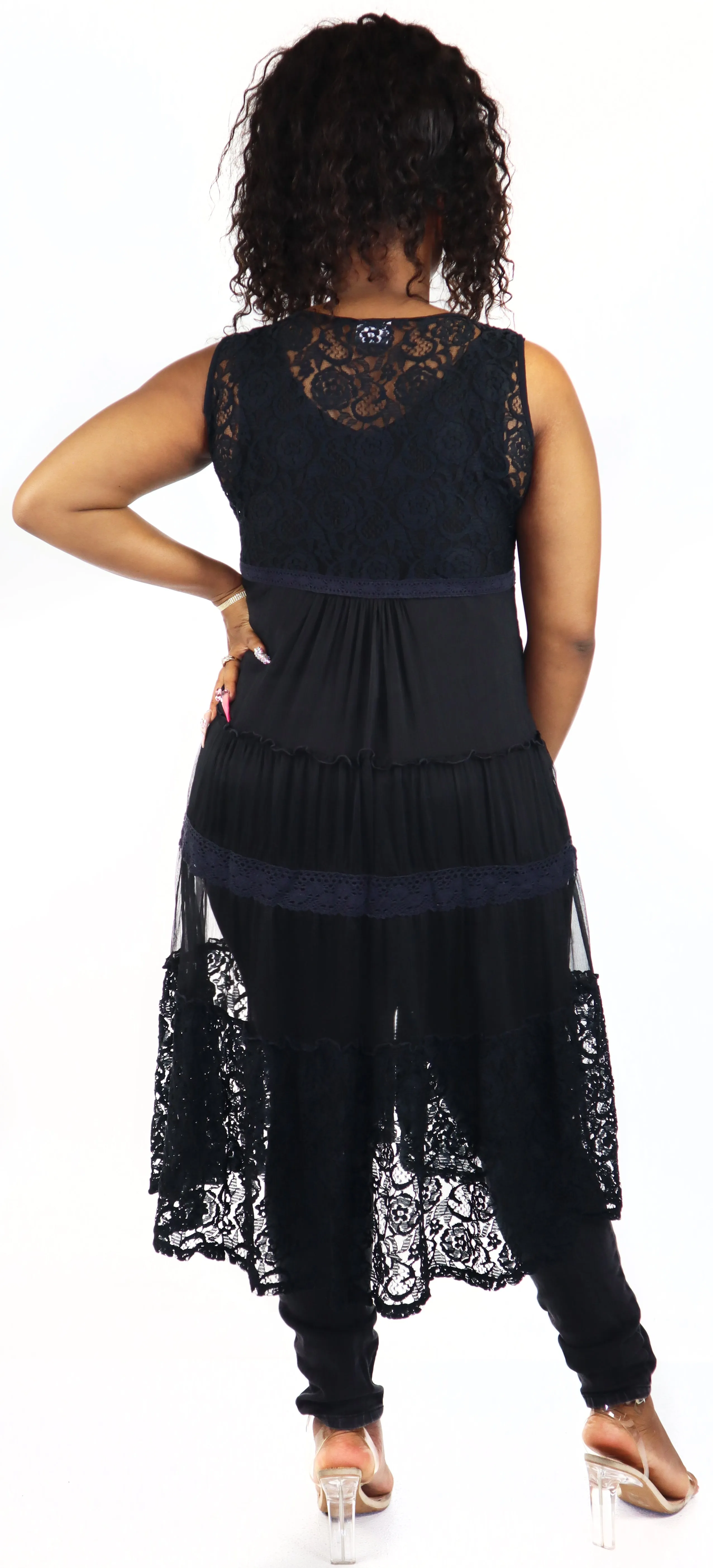 Women Elegant Laced Embroidered Button Down Sleeveless Duster, women lace Cardigan, Plus Size Jacket, Midi Length, One Size Fits All M-XL