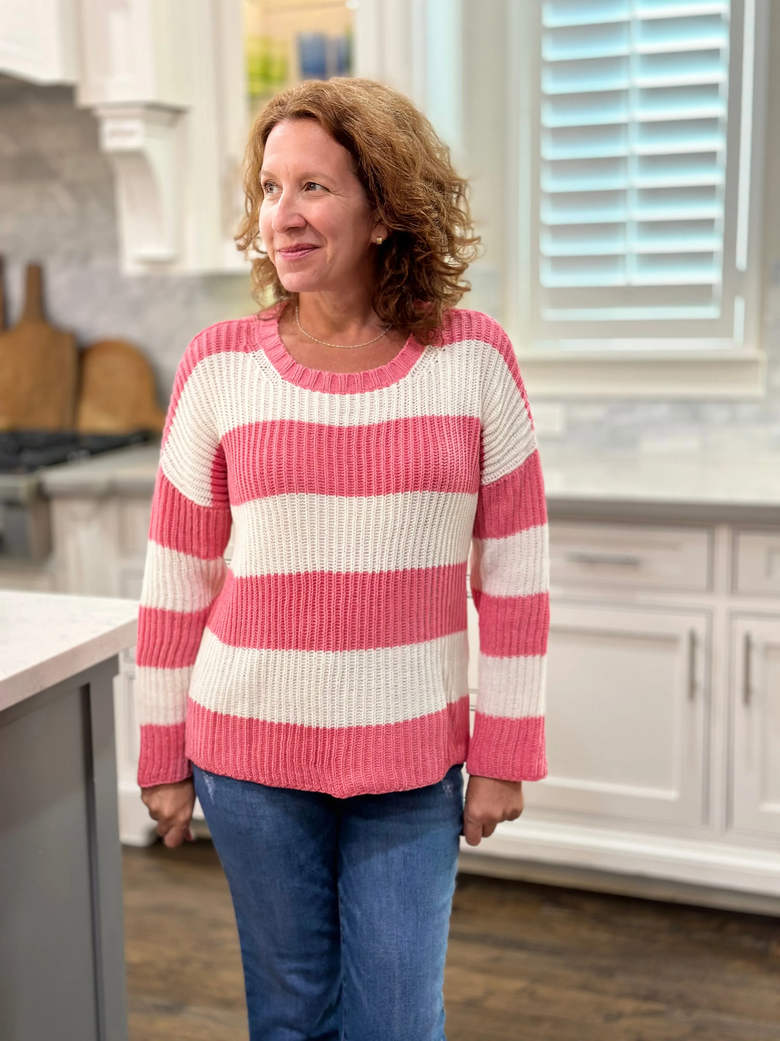 Wooden Ships Foster Striped Crew Cotton in Fierce Pink & Breaker White