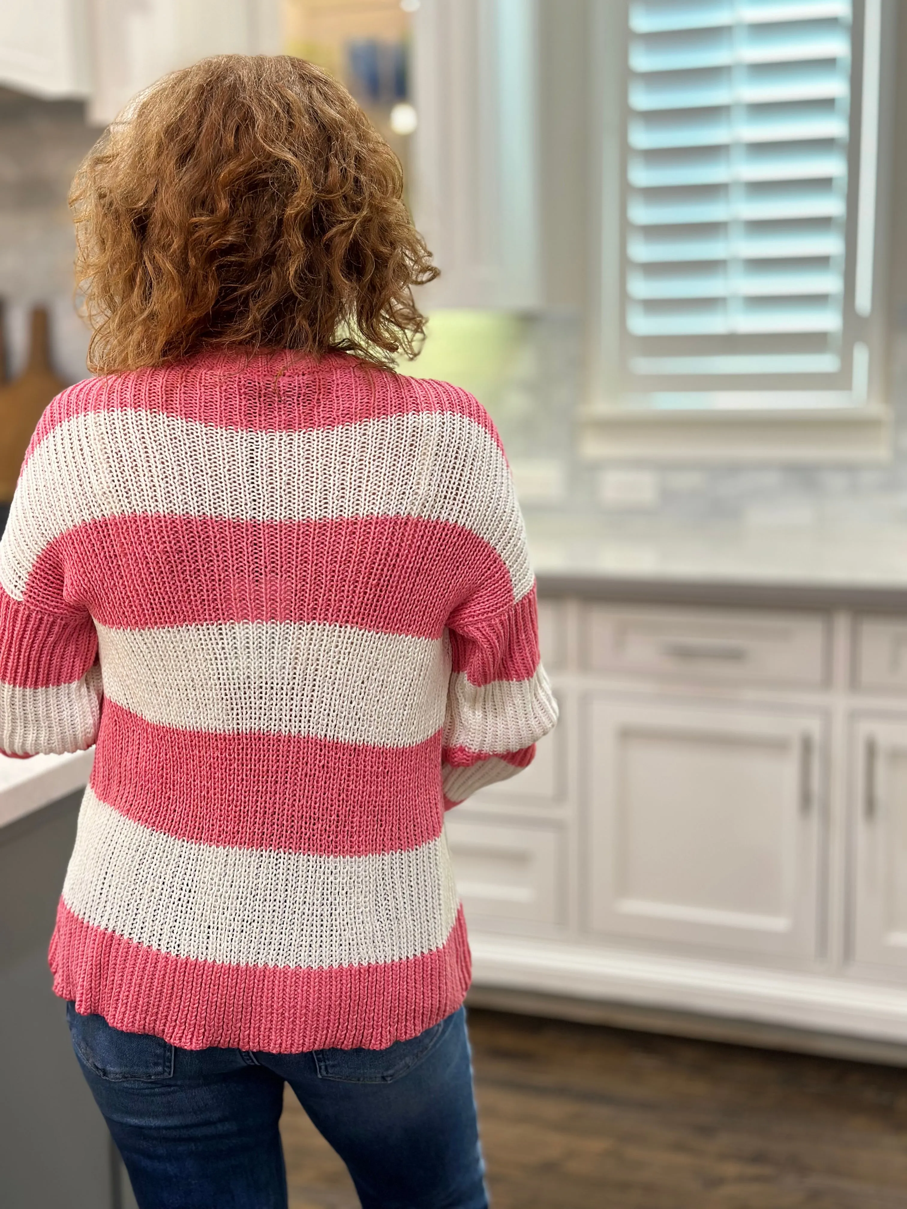 Wooden Ships Foster Striped Crew Cotton in Fierce Pink & Breaker White