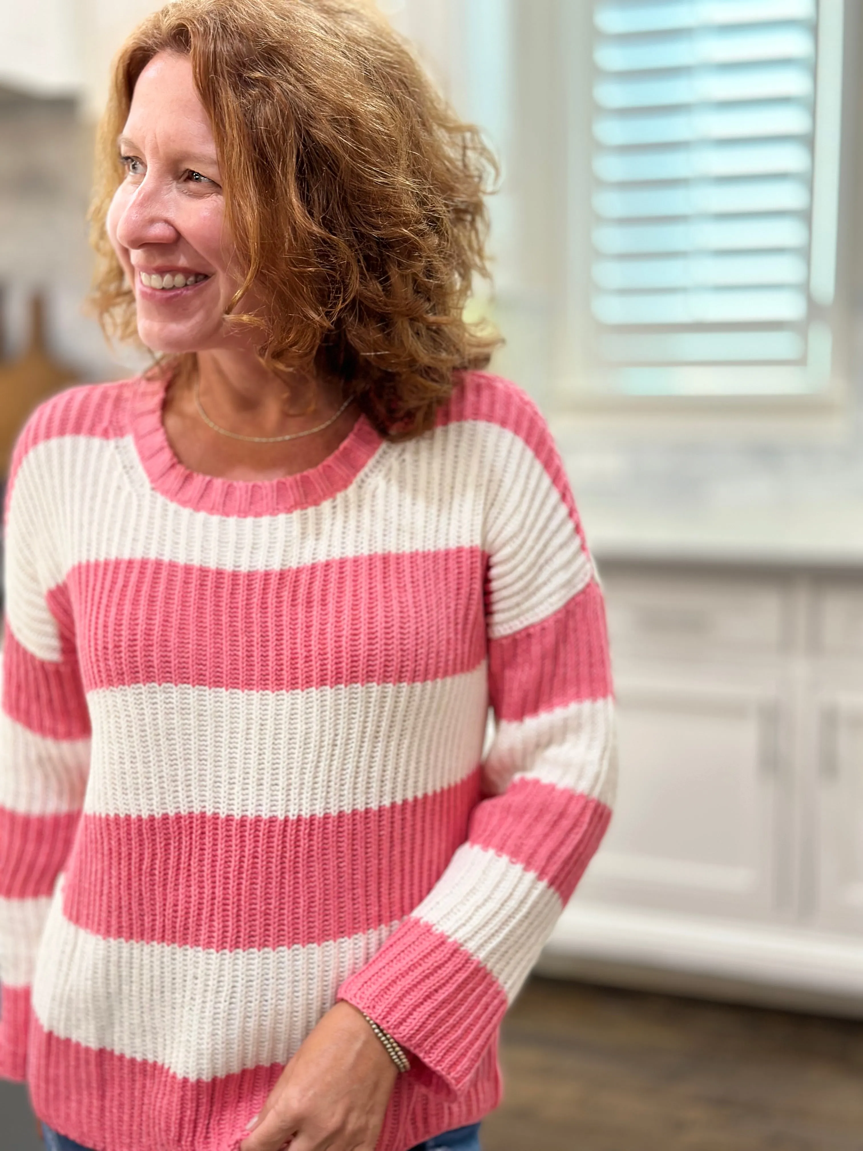 Wooden Ships Foster Striped Crew Cotton in Fierce Pink & Breaker White