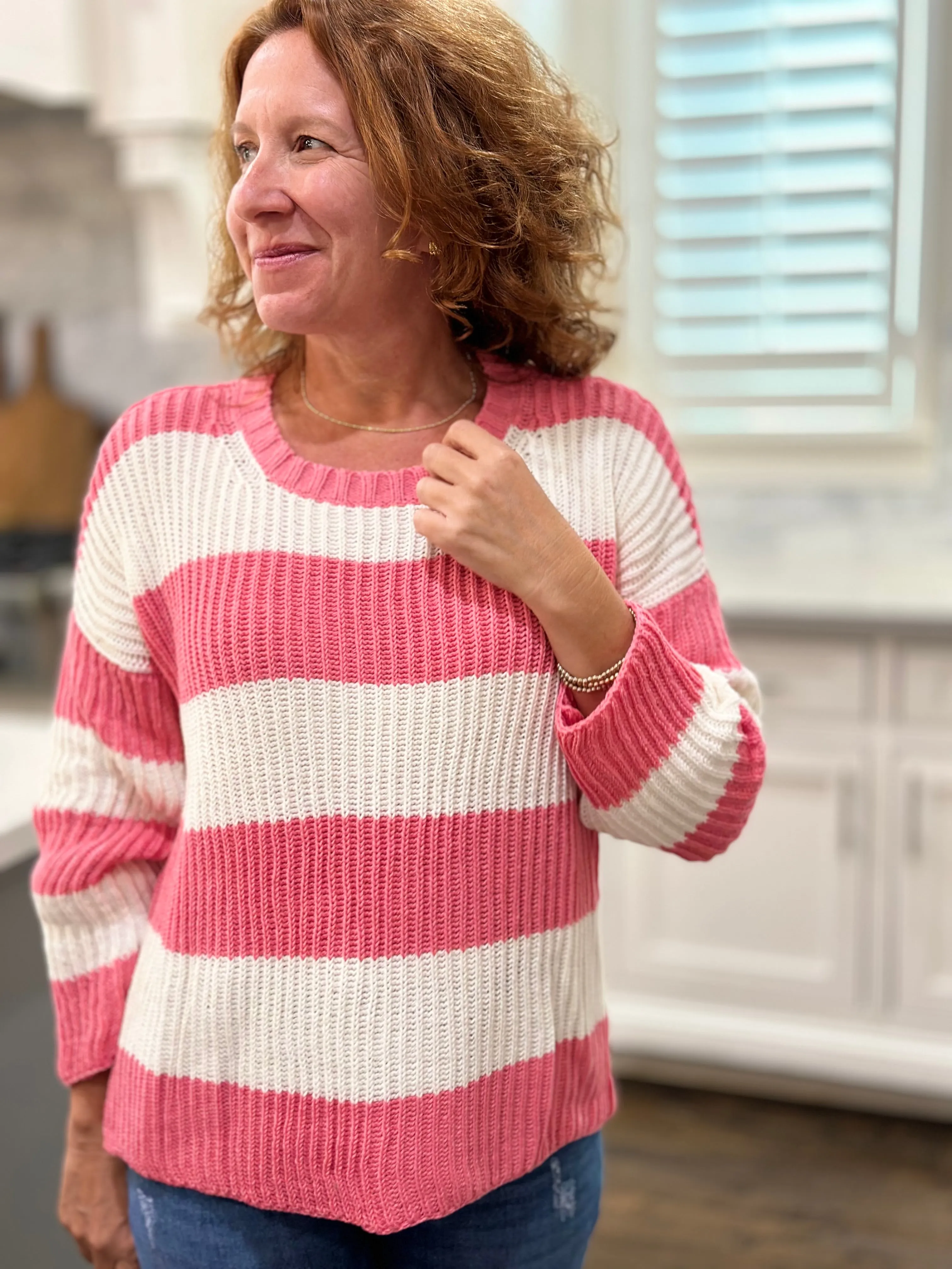 Wooden Ships Foster Striped Crew Cotton in Fierce Pink & Breaker White
