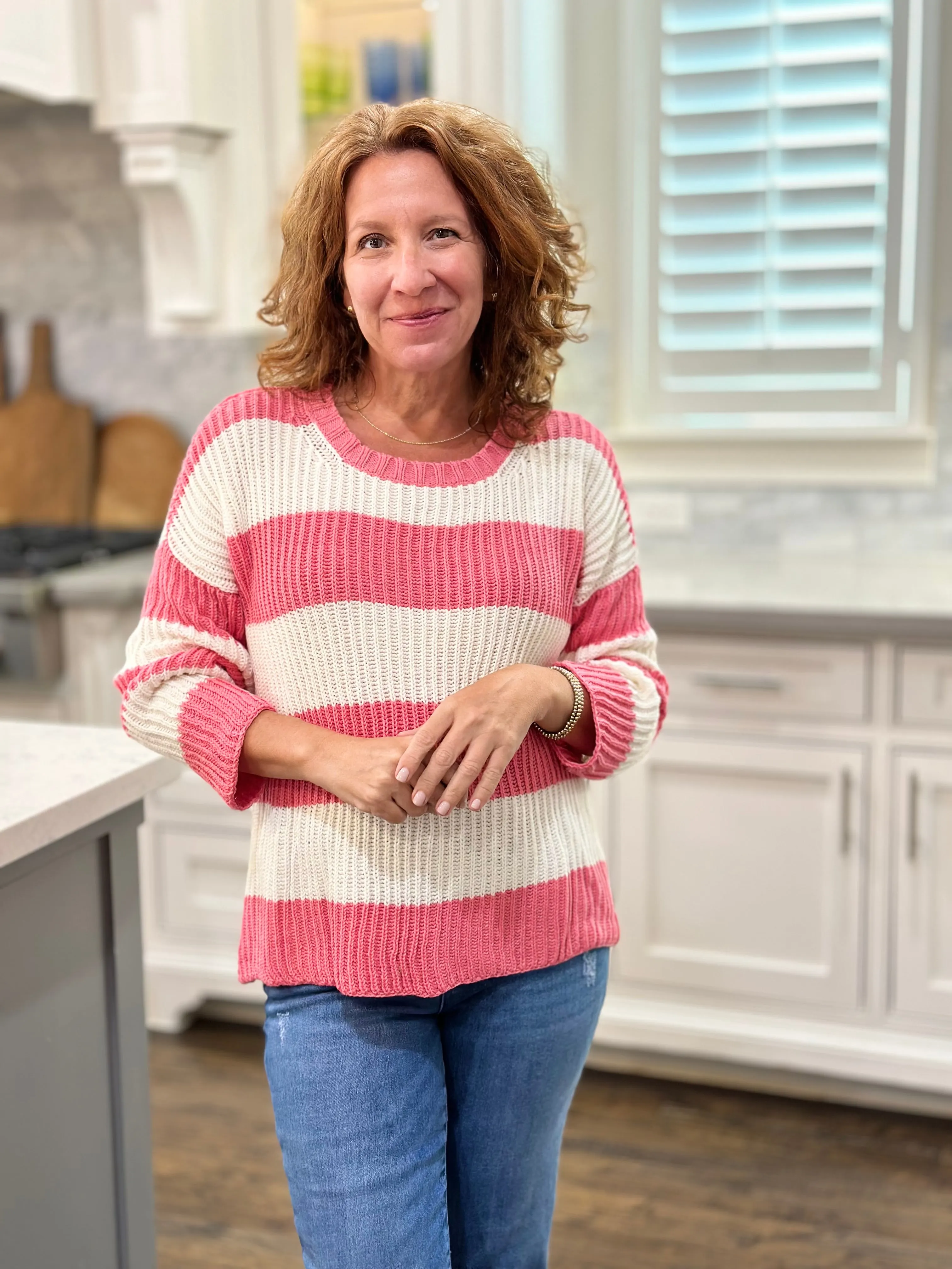 Wooden Ships Foster Striped Crew Cotton in Fierce Pink & Breaker White
