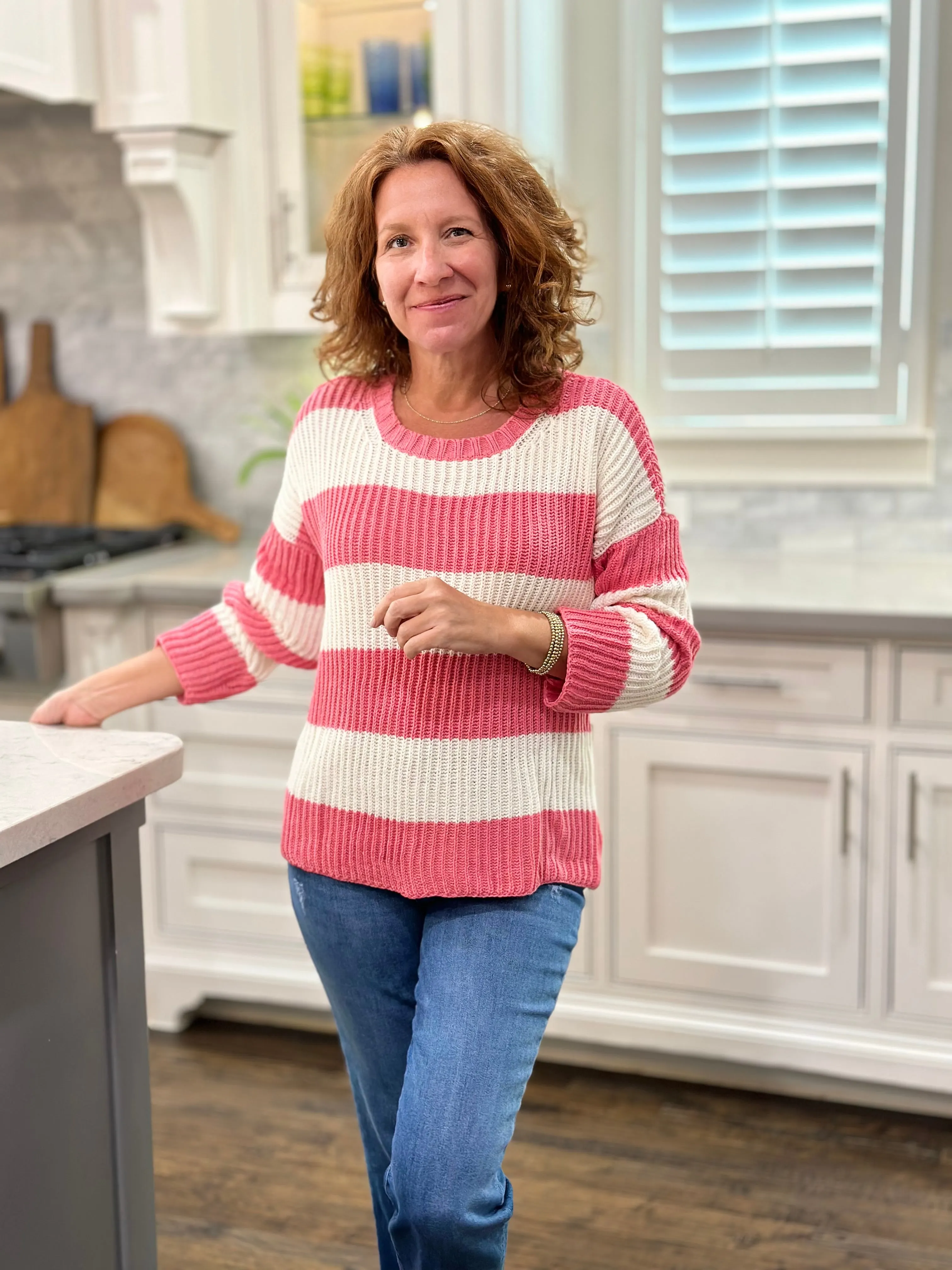 Wooden Ships Foster Striped Crew Cotton in Fierce Pink & Breaker White