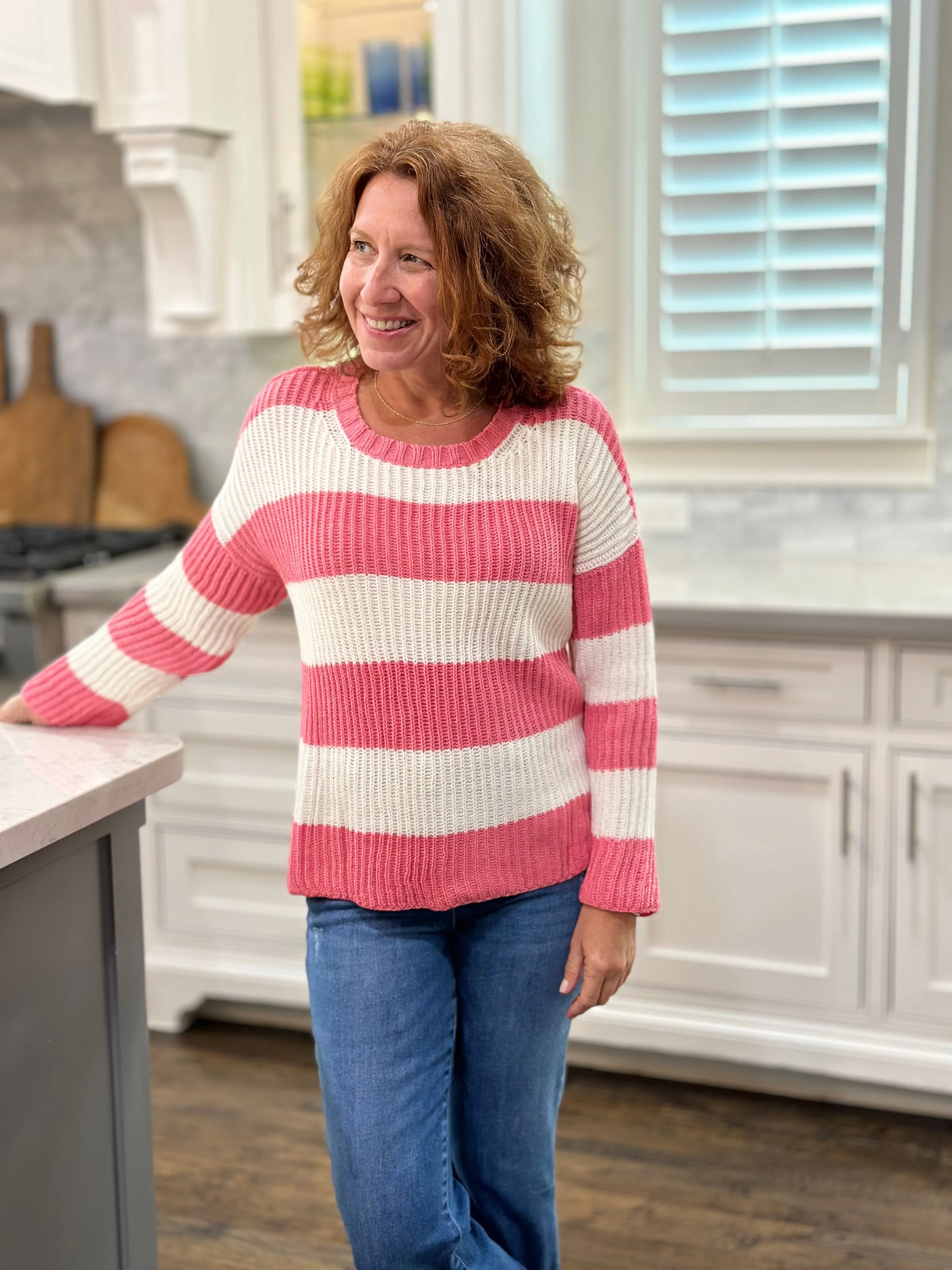 Wooden Ships Foster Striped Crew Cotton in Fierce Pink & Breaker White