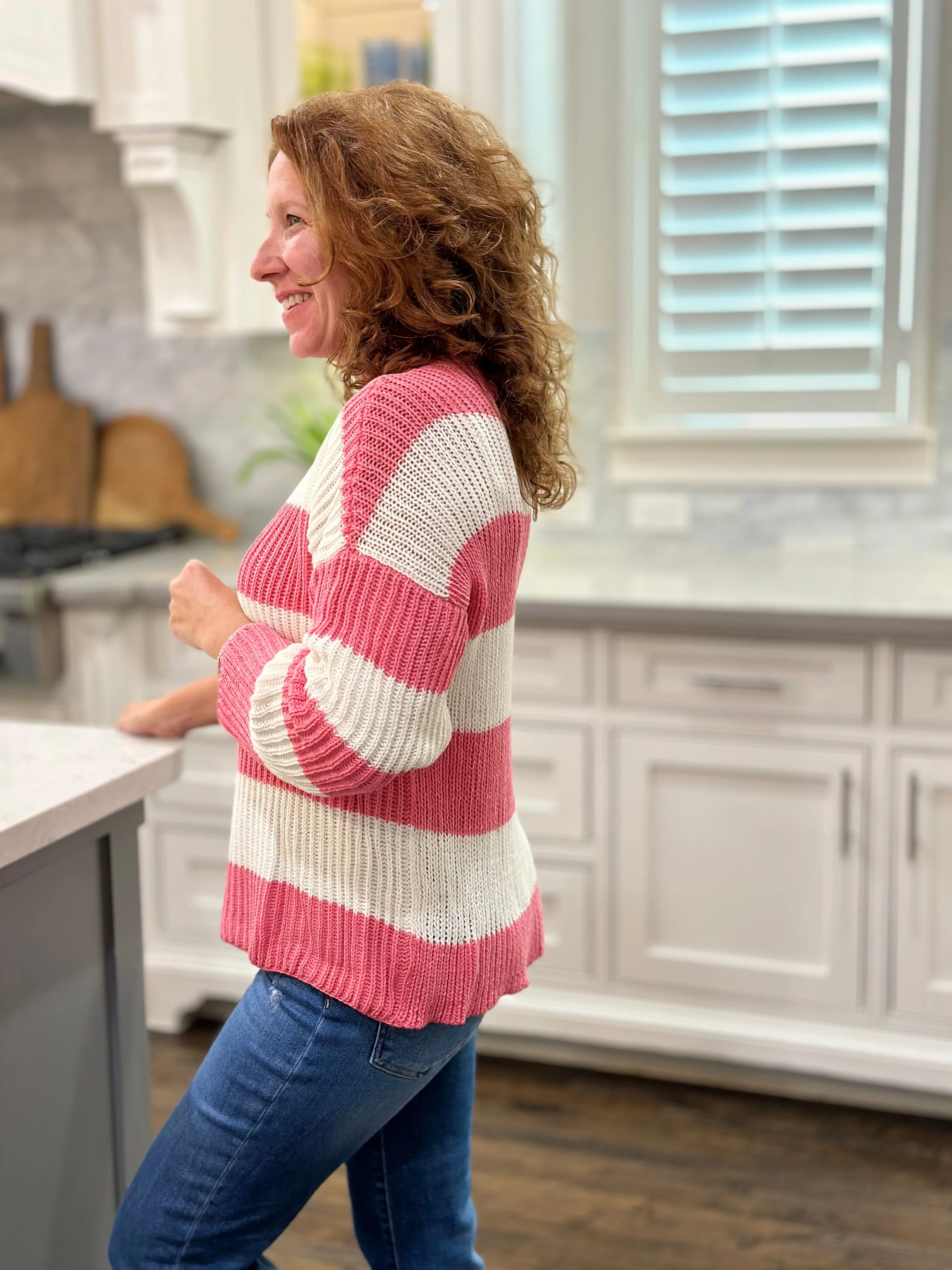 Wooden Ships Foster Striped Crew Cotton in Fierce Pink & Breaker White